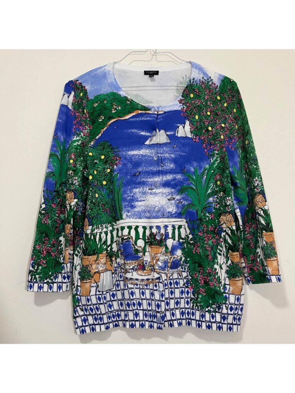Talbots Charming Cardigan Sweater Capri Scene Lp Button Classic Coastal Novelty - Picture 3 of 16